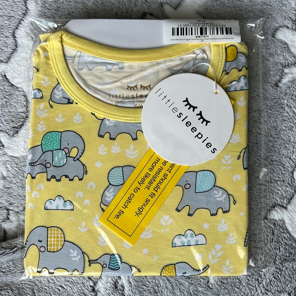 Little Sleepies yellow elephant two-piece short sleeve pajama set NWT 5/6